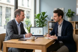 Expert en immobilier accompagnant un marchand de biens lors d'une session de conseil personnalisée
