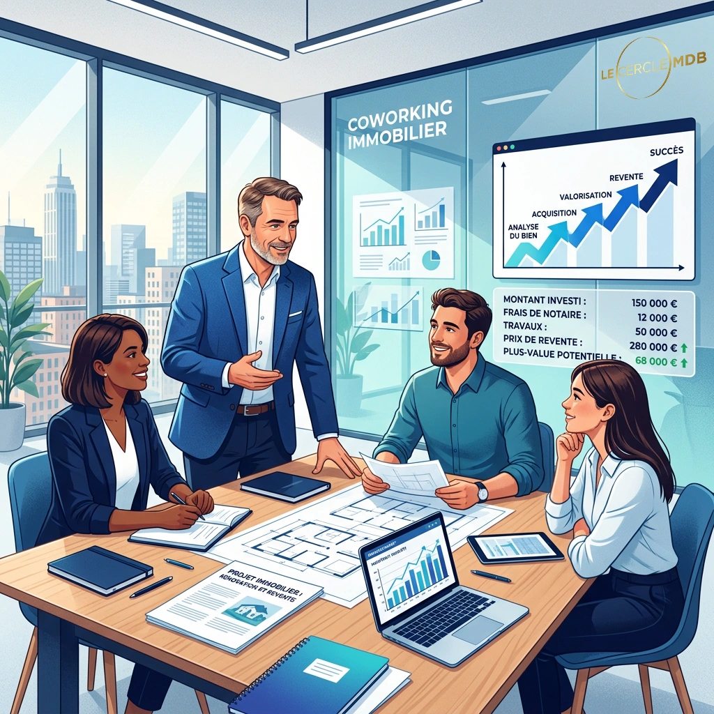 Groupe de marchands de biens accompagnés par un mentor pour structurer leurs projets immobiliers