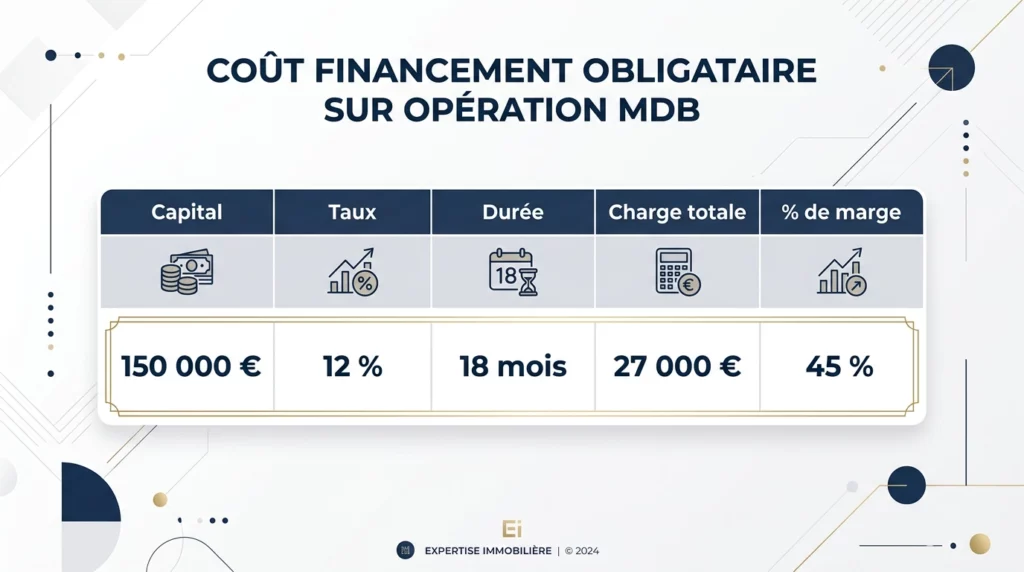 Tableau coût financement obligataire marchand de biens : capital 150 000 euros, taux 12%, durée 18 mois, charge totale 27 000 euros, 45% de la marge