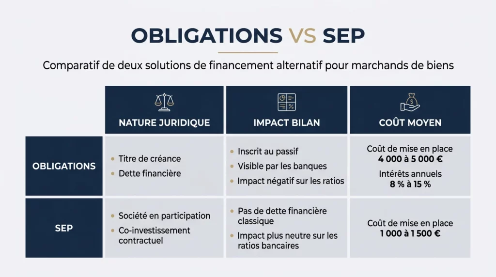 Schéma comparatif "Obligations vs SEP" avec 3 colonnes : Nature juridique | Impact bilan | Coût moyen