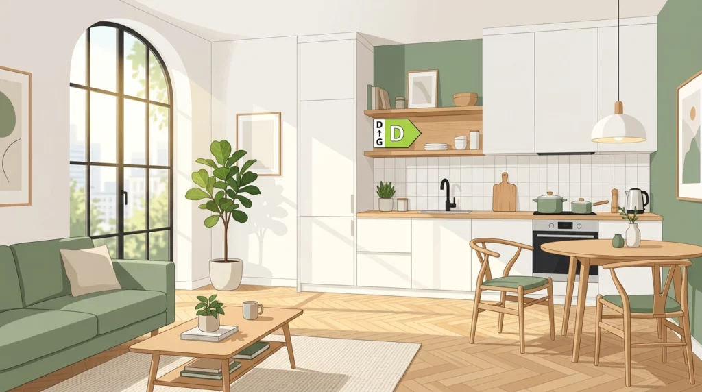 Appartement T3 après rénovation complète à La Rochelle : cuisine moderne avec îlot, DPE passé de F à D