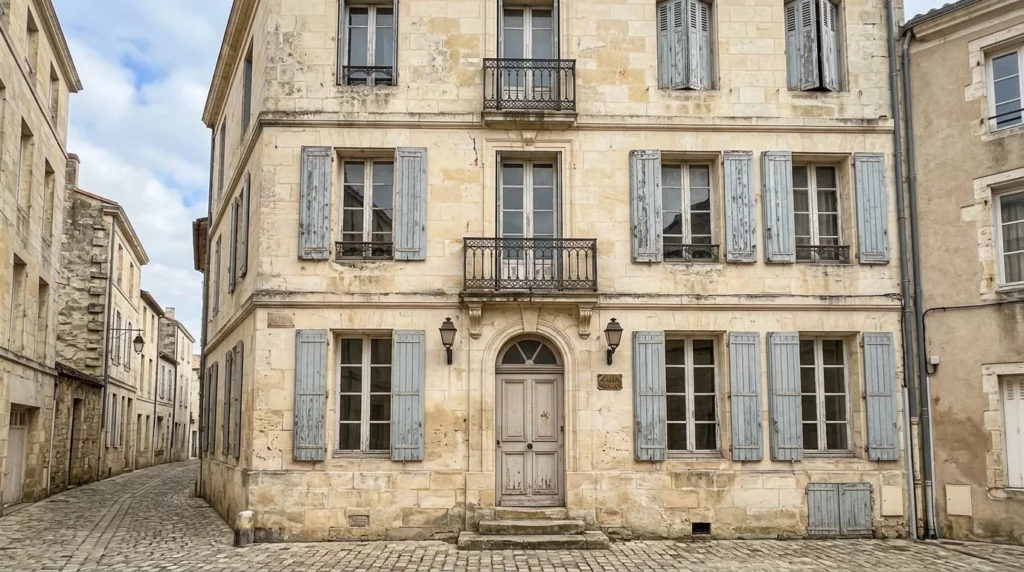 Illustration d'un immeuble à vendre avec des signes de vétusté, représentant le T3 de 68 m² acquis à La Rochelle pour 224 000 € lors de la phase de sourcing