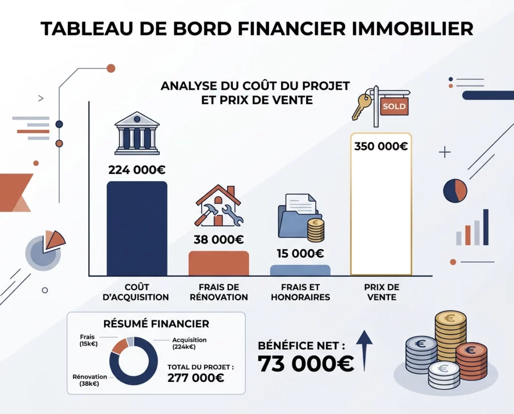 Illustration infographique du montage financier : 224 000 € d'achat, 38 000 € de travaux, 15 000 € de frais de portage, pour une revente à 350 000 €