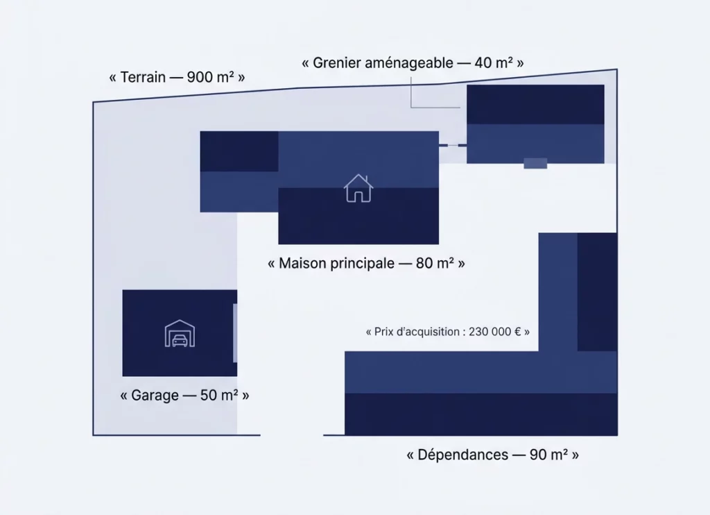 Illustration de la configuration initiale d’un bien immobilier avant division