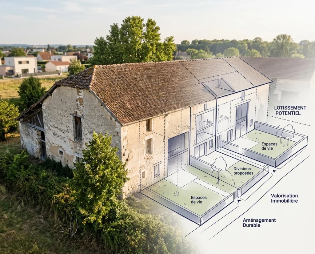 Image d’un bien ancien avec projection architecturale illustrant son potentiel de transformation