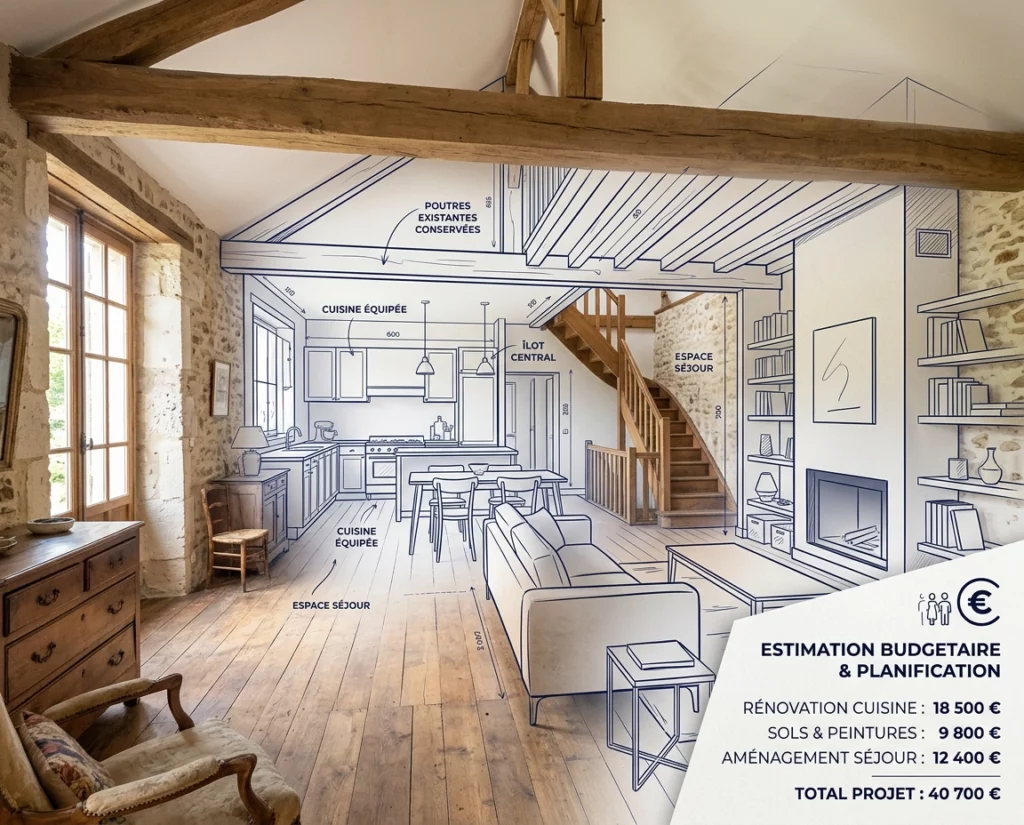 Intérieur de maison avec projection architecturale et estimation des travaux pour un projet clé en main