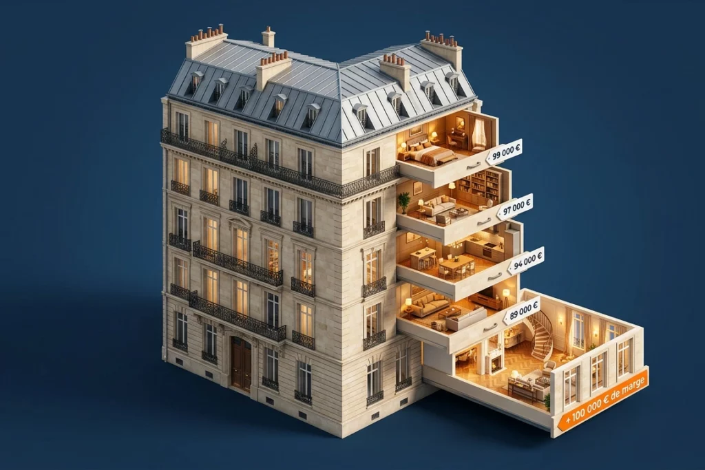 Illustration isométrique d'un immeuble dont les appartements s'extraient comme des tiroirs, représentant la stratégie de découpe d'immeuble en marchand de biens pour dégager 100 000 € de marge