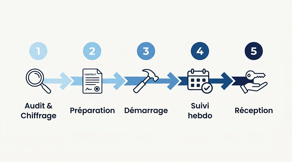 Les 5 phases du pilotage de chantier pour marchands de biens, de l'audit à la réception.