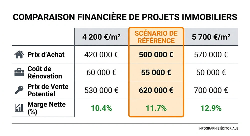 Tableau comparatif de l'impact sur la marge nette d'une opération marchand de biens selon le prix de revente au m² : 4 200 €, 5 000 € et 5 700 €