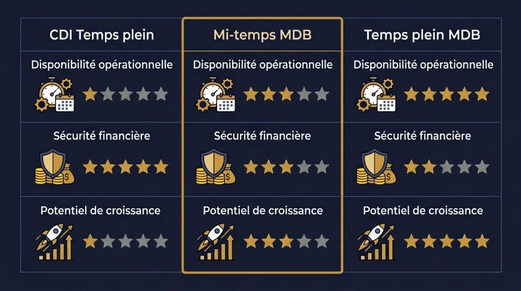 Tableau comparatif des trois configurations de départ en marchand de biens : CDI temps plein, mi-temps MDB et temps plein MDB, évaluées sur la disponibilité opérationnelle, la sécurité financière et le potentiel de croissance