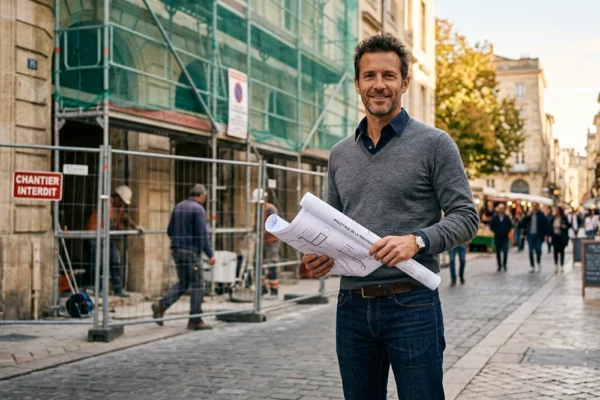 Entrepreneur marchand de biens devant un immeuble en rénovation, profil performant Cercle MDB