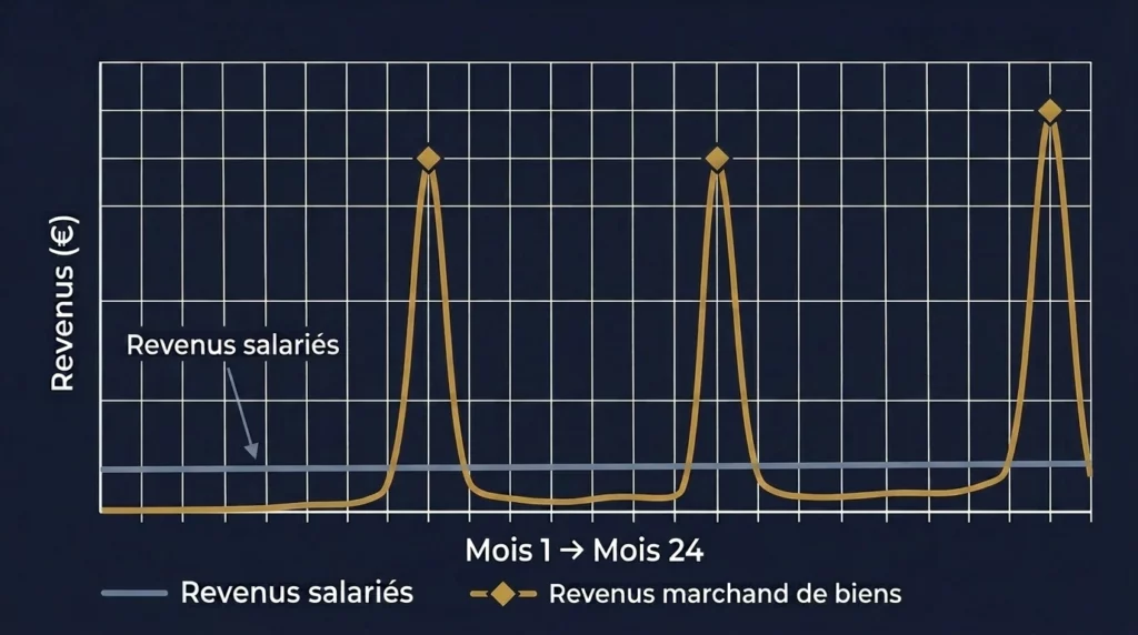 Courbe comparative des revenus d'un marchand de biens versus revenus salariés sur 24 mois, illustrant les pics lors des reventes et les creux inter-opérations caractéristiques de l'activité MDB