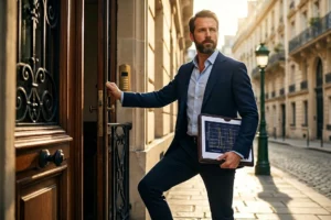 Entrepreneur immobilier franchissant le seuil d'un immeuble parisien, symbolisant la transition de salarié à marchand de biens à temps plein