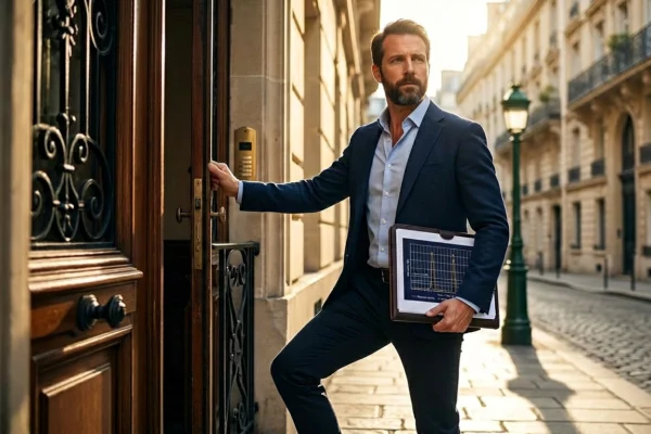 Entrepreneur immobilier franchissant le seuil d'un immeuble parisien, symbolisant la transition de salarié à marchand de biens à temps plein