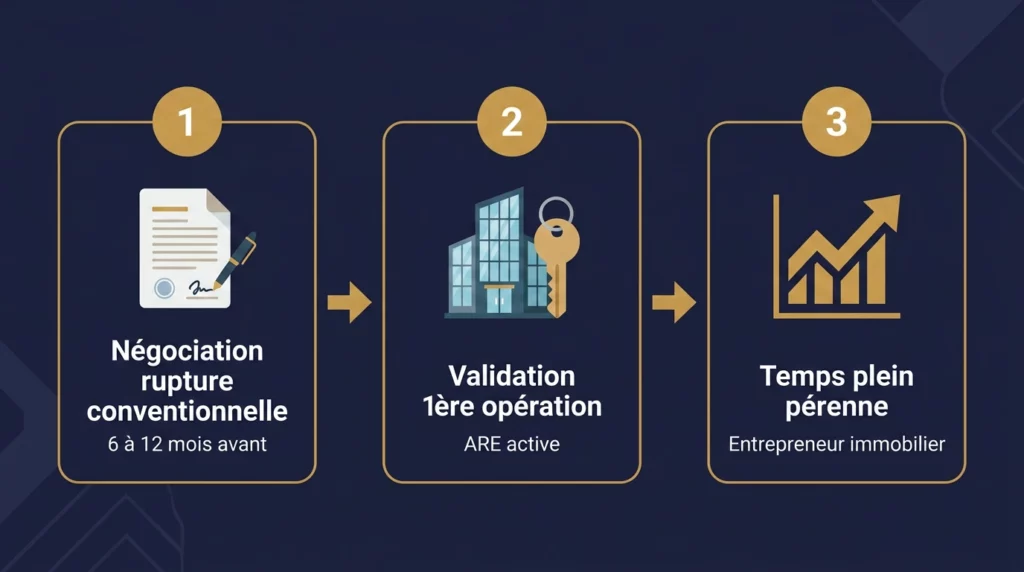 Schéma en trois étapes de la transition de salarié à marchand de biens entrepreneur immobilier à temps plein : négociation de la rupture conventionnelle, validation de la première opération sous ARE, puis passage à l'activité pérenne