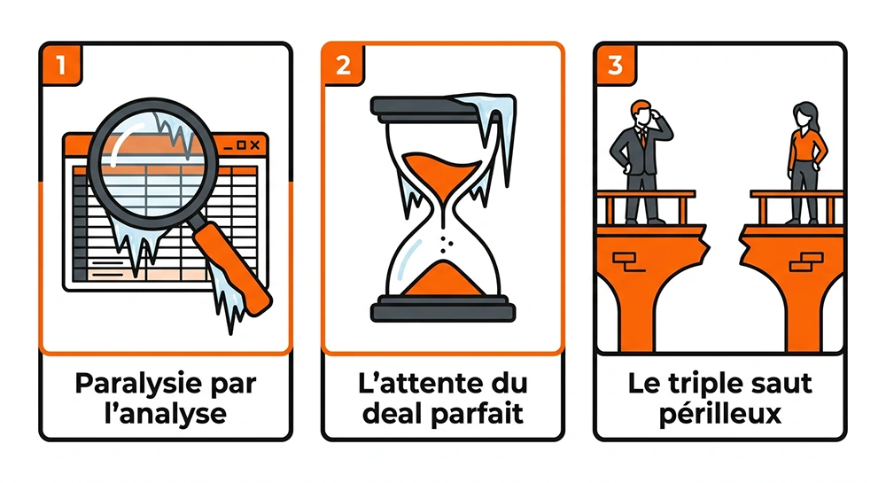 Infographie des 3 profils flop en marchand de biens : paralysie par l'analyse, attente du deal parfait et transition salarié-entrepreneur