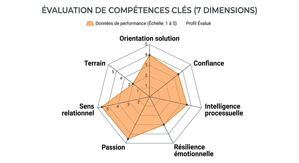 Radar des 7 traits du profil marchand de biens performant : orientation solution, résilience émotionnelle, intelligence processuelle, bon sens paysan, auto-évaluation de 1 à 5