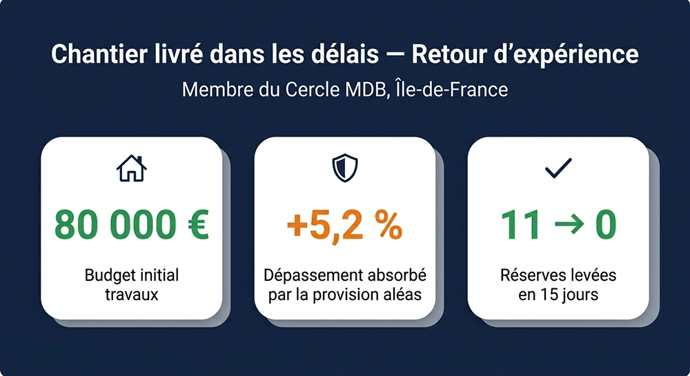 Résultats chiffrés du chantier à 80 000€ livré dans les délais par un membre du Cercle MDB.