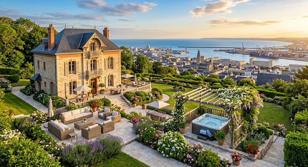 Vue drone de la Villa des Terrasses au Havre - terrasses rénovées, spa privatif et vue panoramique sur la mer, bien haut de gamme en commercialisation par un marchand de biens