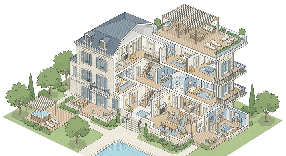 Plan isométrique illustré de la Villa des Terrasses - maison bourgeoise 220 m² sur 4 niveaux avec 6 chambres, 5 terrasses, spa et studio indépendant de 28 m²