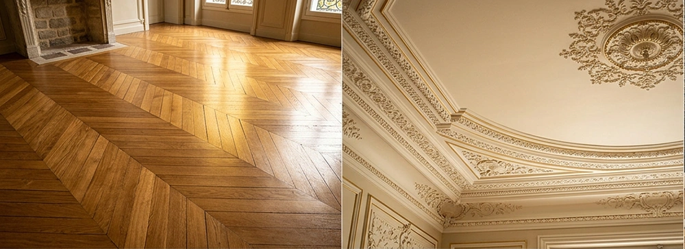 Détails de rénovation haut de gamme de la Villa des Terrasses - parquet chevron, moulures, vitraux restaurés, poêle à granulés en fonte et dôme de verrière sur mesure