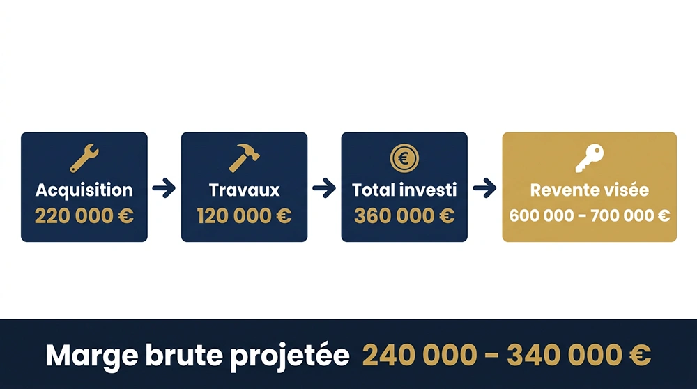 Infographie tableau de bord financier d'un flip immobilier - achat 220 000 €, travaux 120 000 €, total investi 360 000 €, revente visée 600 000–700 000 €, marge brute marchand de biens
