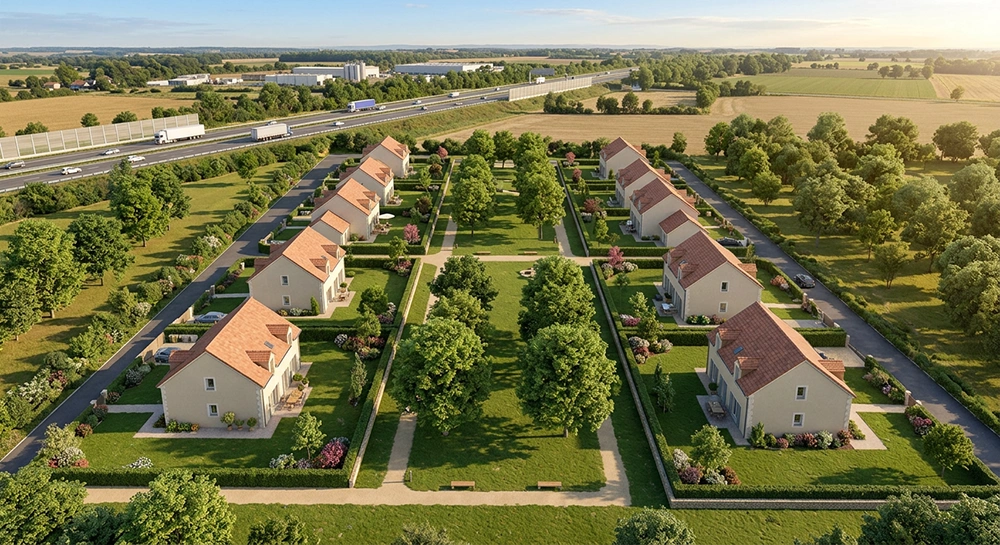 Vue aérienne d'un lotissement de 10 maisons individuelles achetées en bloc dans une opération marchand de biens près de Troyes