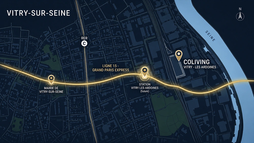 Carte de localisation du co-living à Vitry-sur-Seine, à proximité de la future station Vitry les Ardoines de la ligne 15 du Grand Paris Express