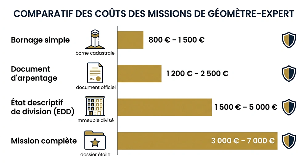 Infographie comparative des coûts d'un géomètre-expert selon la mission : bornage simple, document d'arpentage, état descriptif de division et mission complète, avec indication du risque évité pour chaque prestation