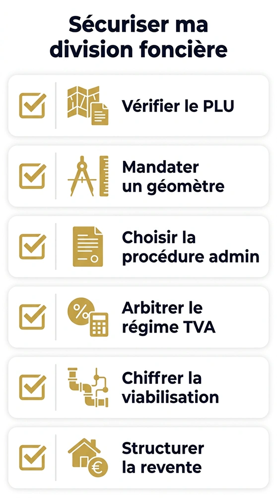 Checklist des 6 étapes clés pour sécuriser une opération de division foncière en Marchand de biens : PLU, bornage, procédure administrative, TVA, viabilisation, revente
