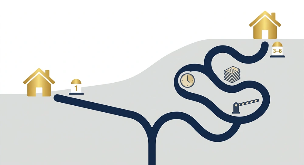Comparatif visuel entre la déclaration préalable de division (chemin court, 1 mois) et le permis d'aménager (chemin long, 3 à 6 mois) pour un Marchand de biens