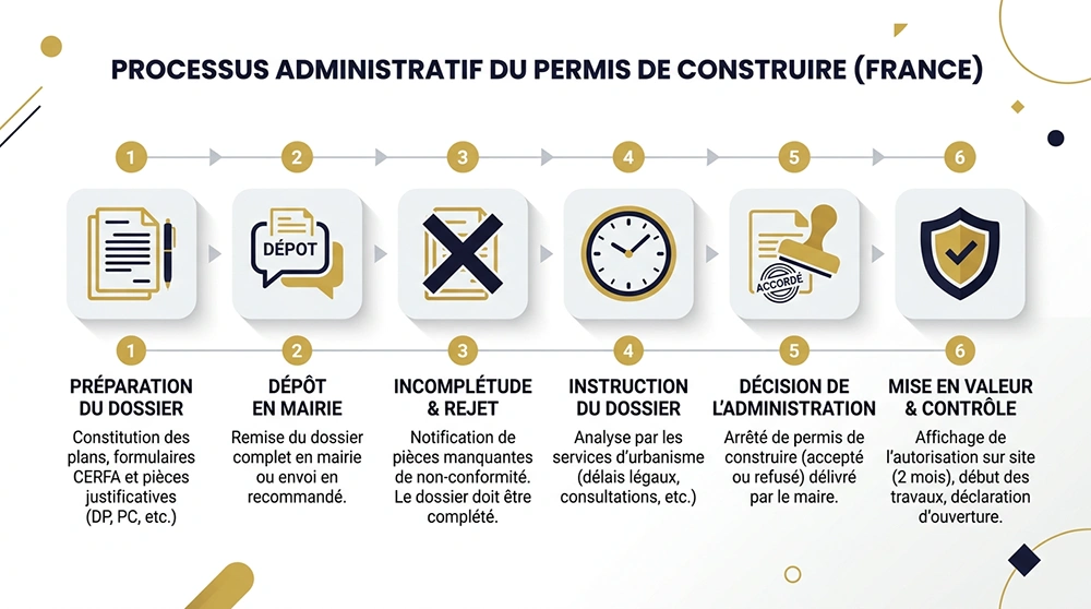 Frise chronologique du parcours administratif pour un permis de construire en Marchand de biens : de la déclaration préalable au recours des tiers purgé