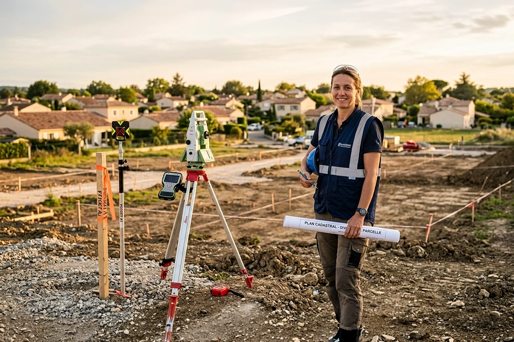 Géomètre-expert sur un chantier de division parcellaire avec plan cadastral et jalons de bornage