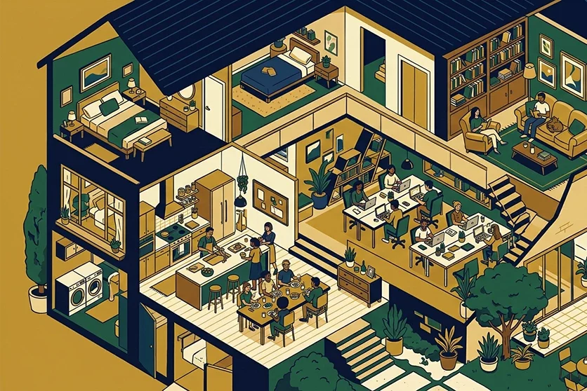Illustration du concept co-living : une maison réhabilitée combinant chambres privatives et espaces communs partagés — cuisine, coworking, salon et jardin