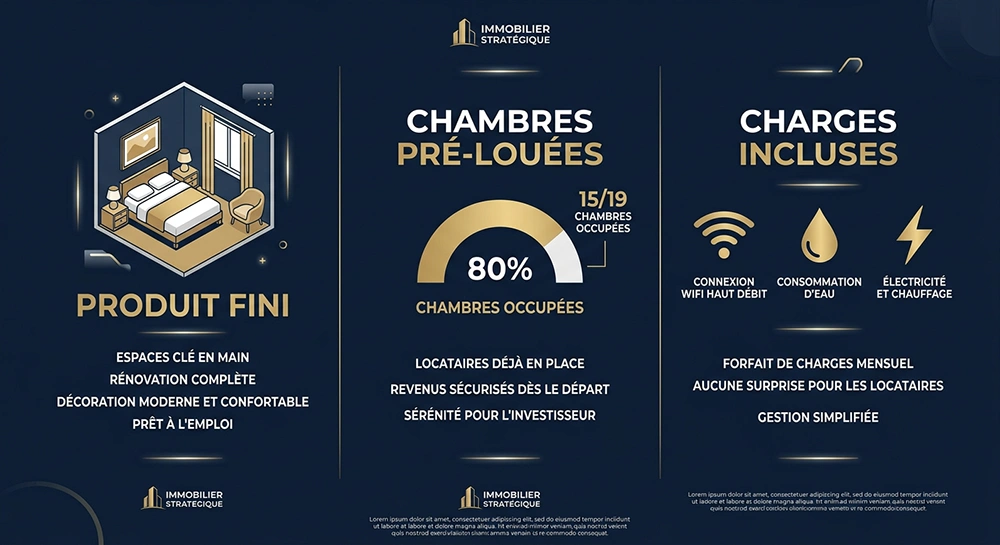 Infographie : 3 raisons pour lesquelles un investisseur achète un co-living clé en main, produit fini, 15/19 chambres pré-louées, charges incluses