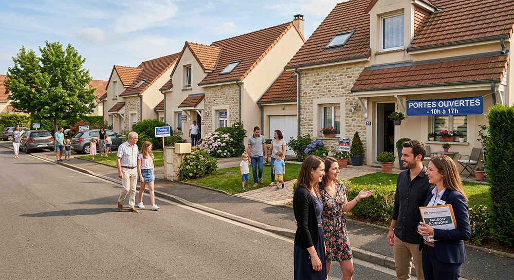 Journée Portes Ouvertes sur un lotissement de maisons individuelles vendues à la découpe : familles et investisseurs en visite simultanée lors d'une opération marchand de biens