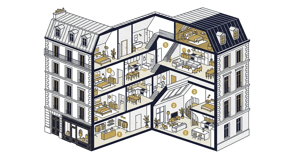 Plan schématique d'un immeuble en division en copropriété avec 5 lots identifiés, duplex, studio combles, loft, T2 et boutique, opération Marchand de biens à Palaiseau