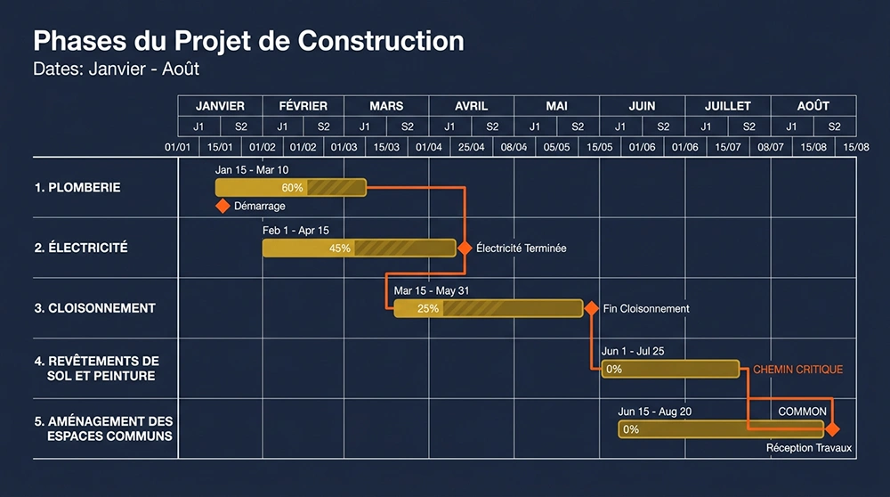 Planning de chantier sur 8 mois pour une réhabilitation co-living, 5 lots sequentiels : plomberie, électricité, cloisonnement, sols, espaces communs