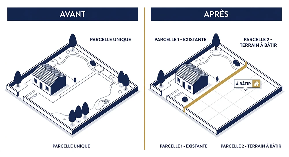 Schéma avant/après d'une division parcellaire marchand de biens : maison existante et terrain à bâtir détaché