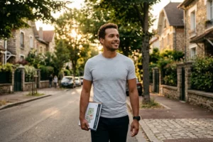 Marchand de biens en reconversion professionnelle prospectant à pied dans son secteur hyper-local pour trouver des opportunités d'achat-revente immobilier