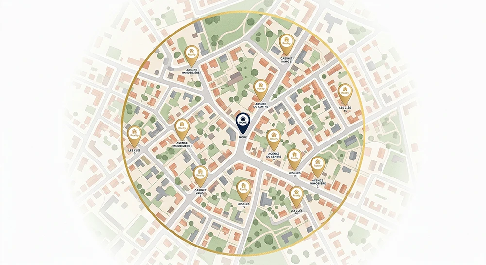 Carte illustrant la stratégie de sourcing hyper-local d'un marchand de biens dans un rayon d'1 km avec les agences immobilières identifiées